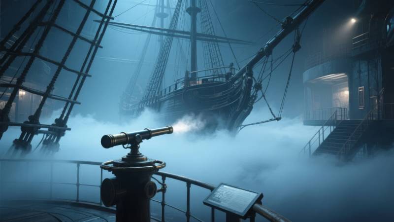 雾中古船夜景图片