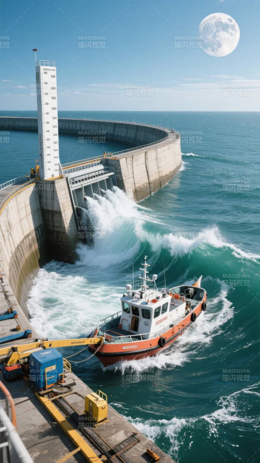 月夜堤坝激流船图片