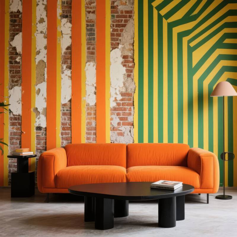 橙色沙发与条纹墙图片