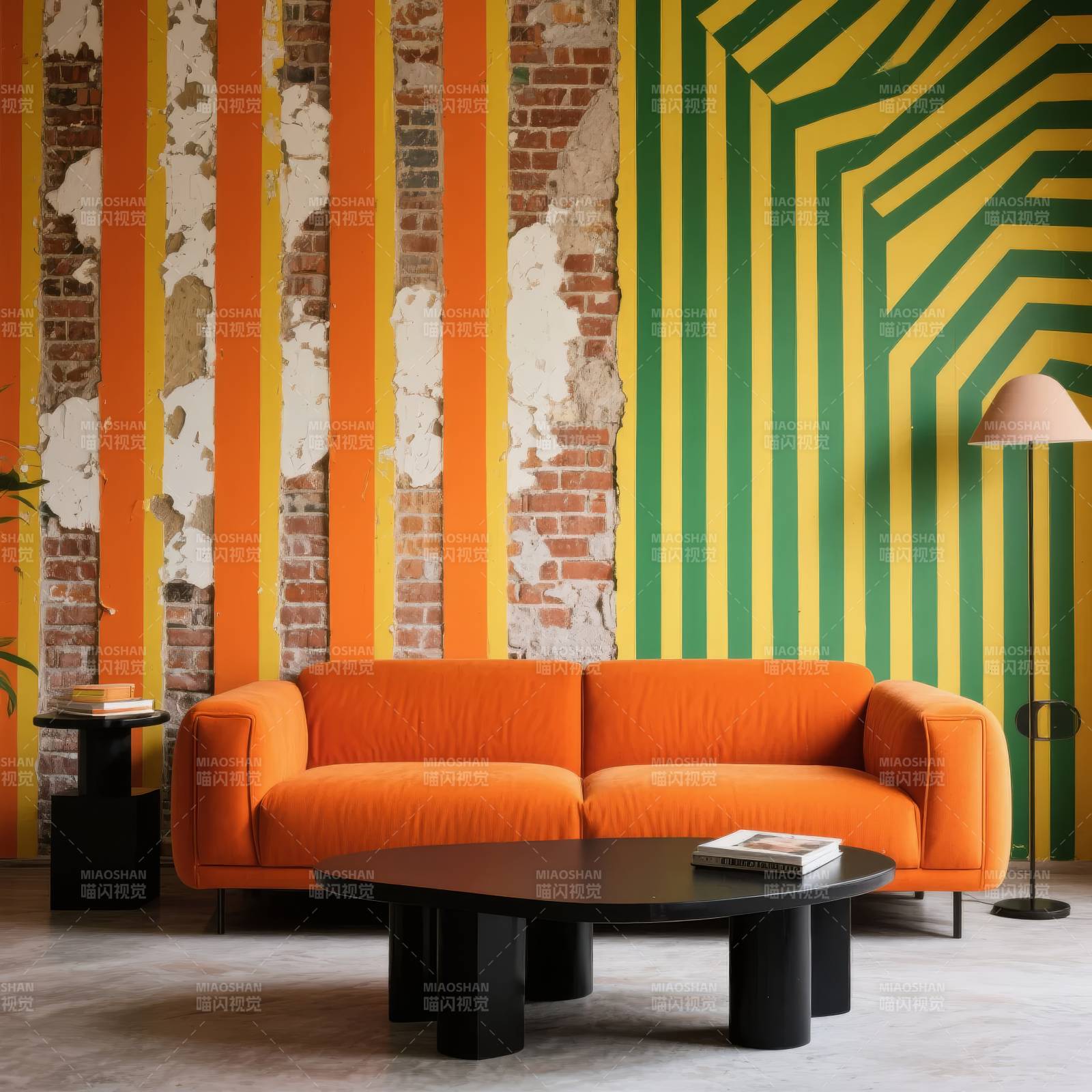 橙色沙发与条纹墙图片