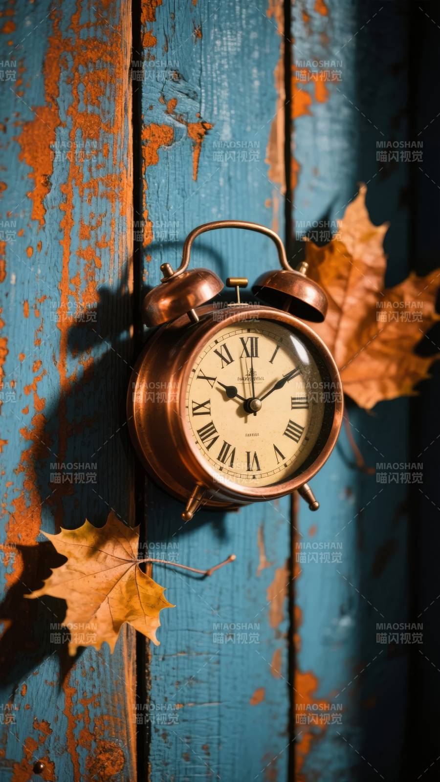 秋叶伴古钟图片