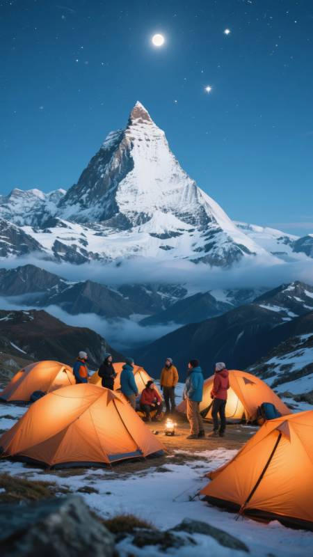 雪山露营夜景图片
