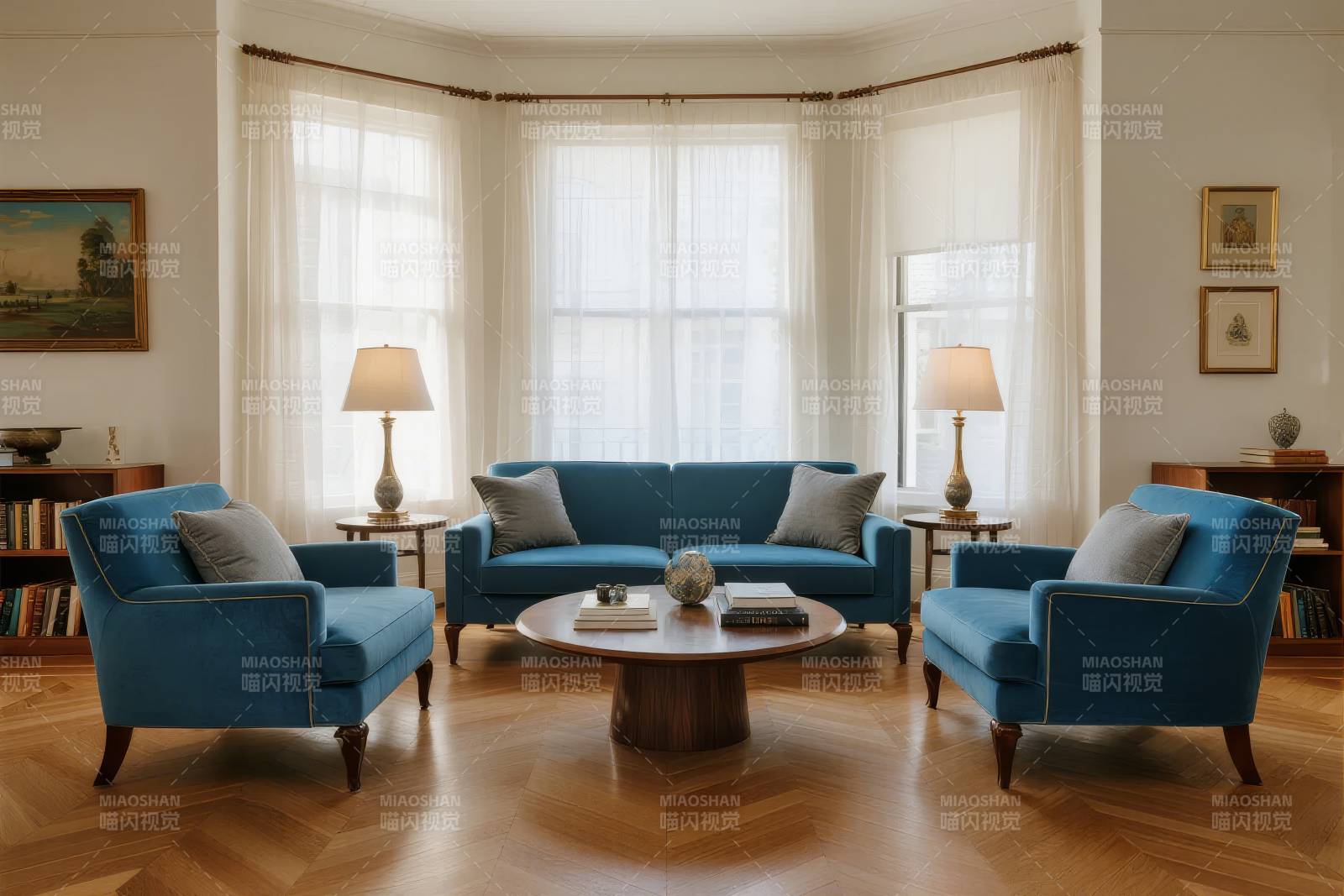 蓝色客厅温馨布置图片