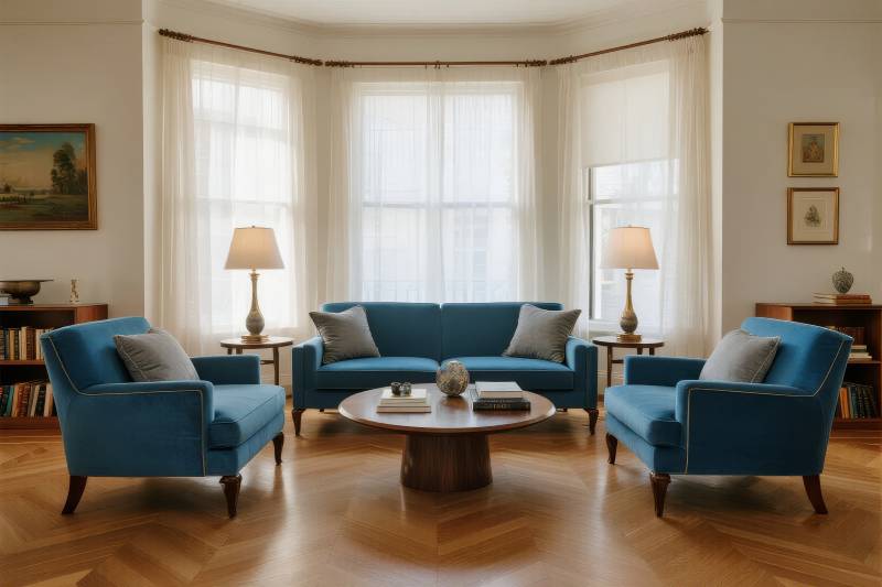 蓝色客厅温馨布置图片