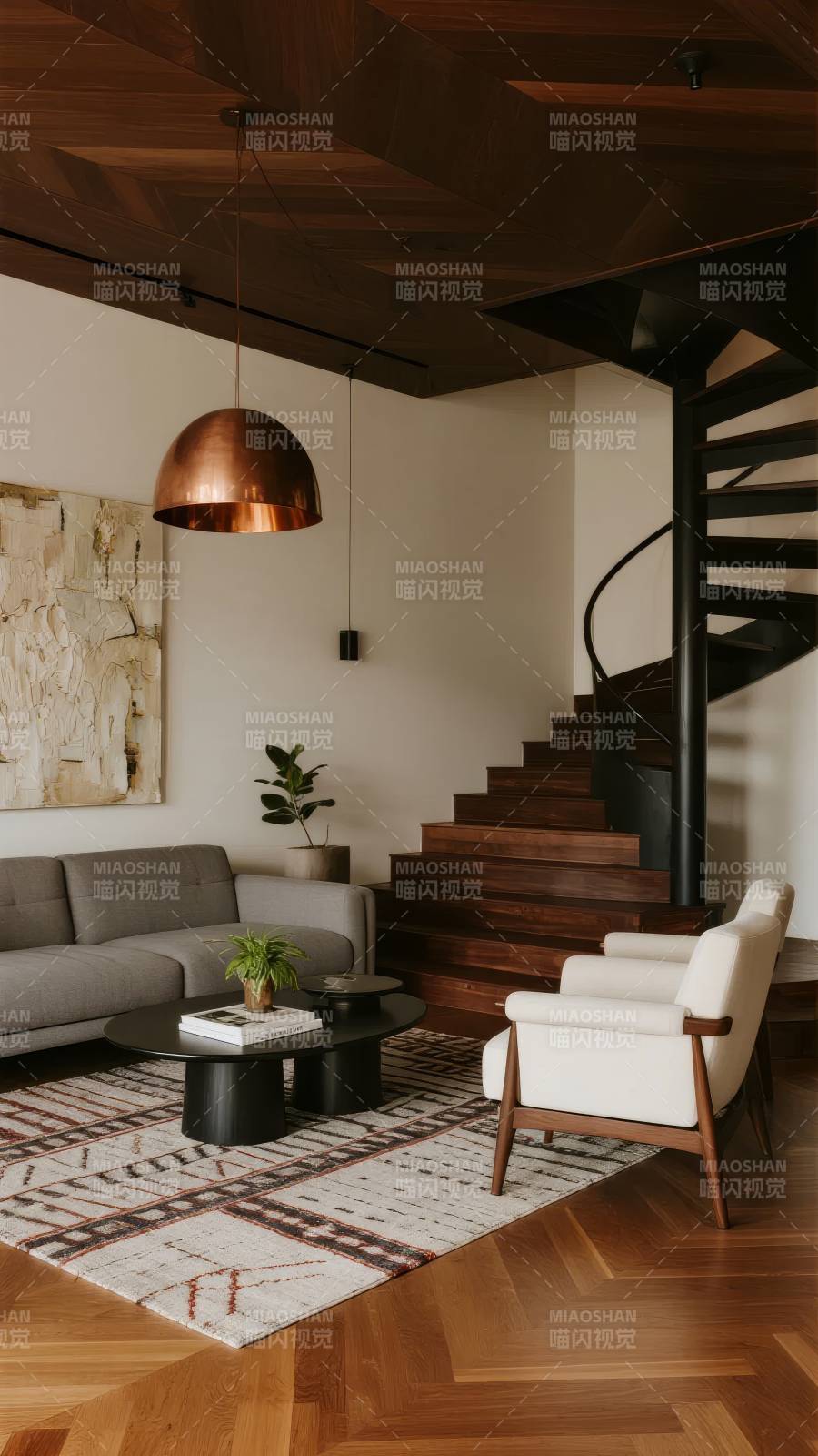现代客厅与螺旋楼梯图片