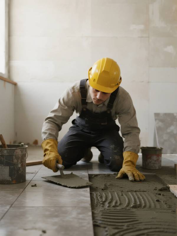 工人铺设地砖图片