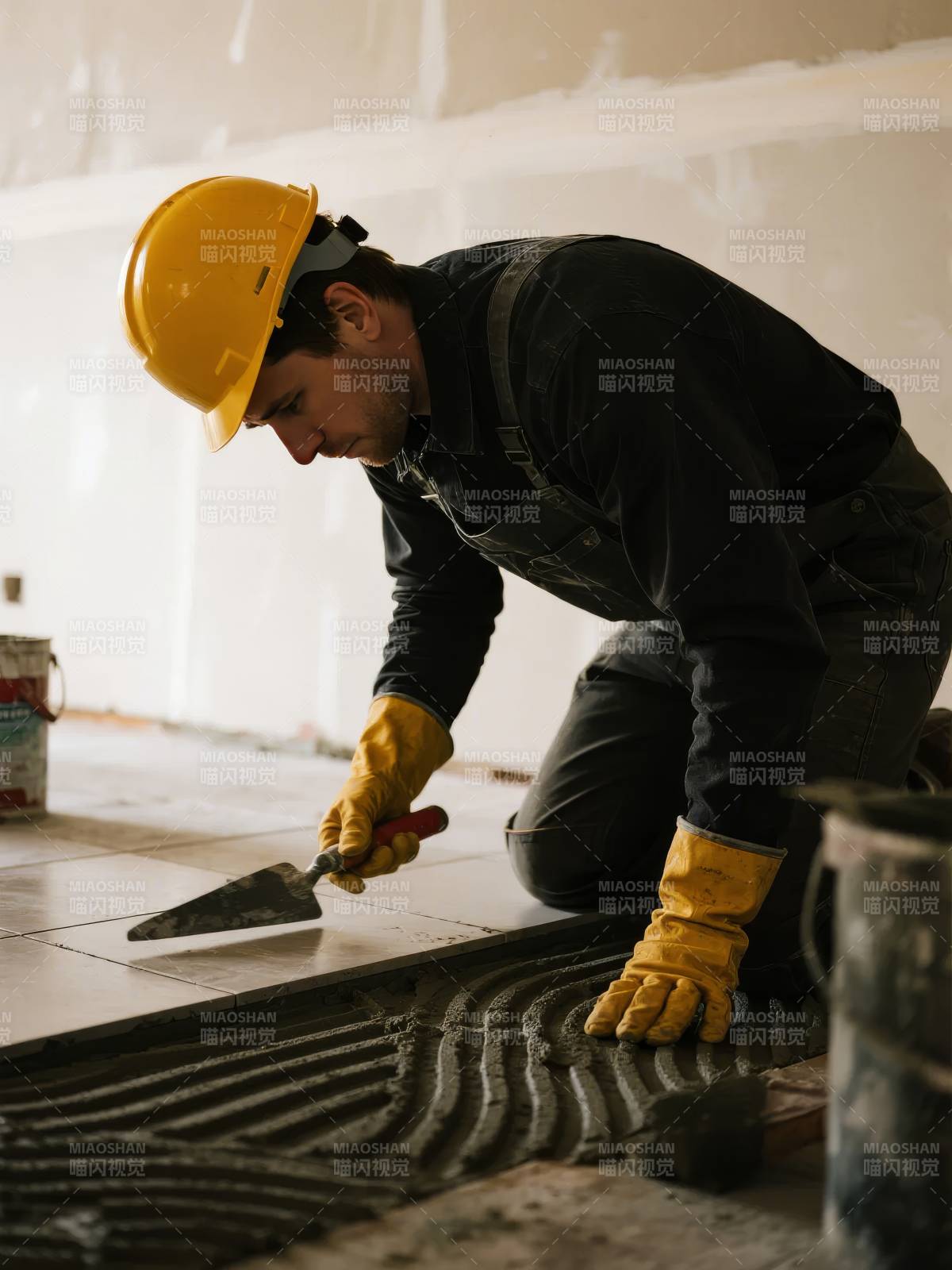 工人铺设地砖图片