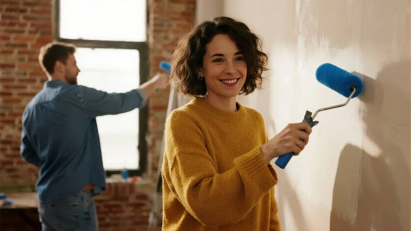 夫妻共同粉刷墙壁图片