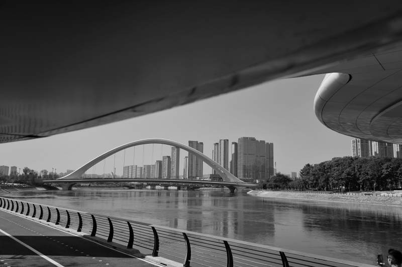 桥影河畔城市景图片