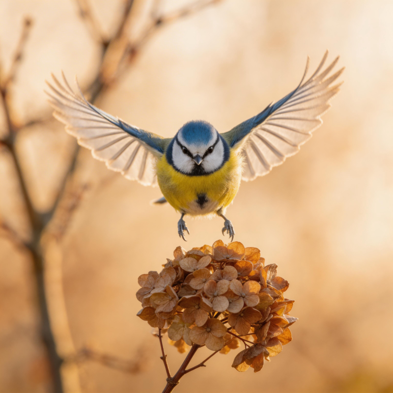 蓝雀展翅栖花丛图片
