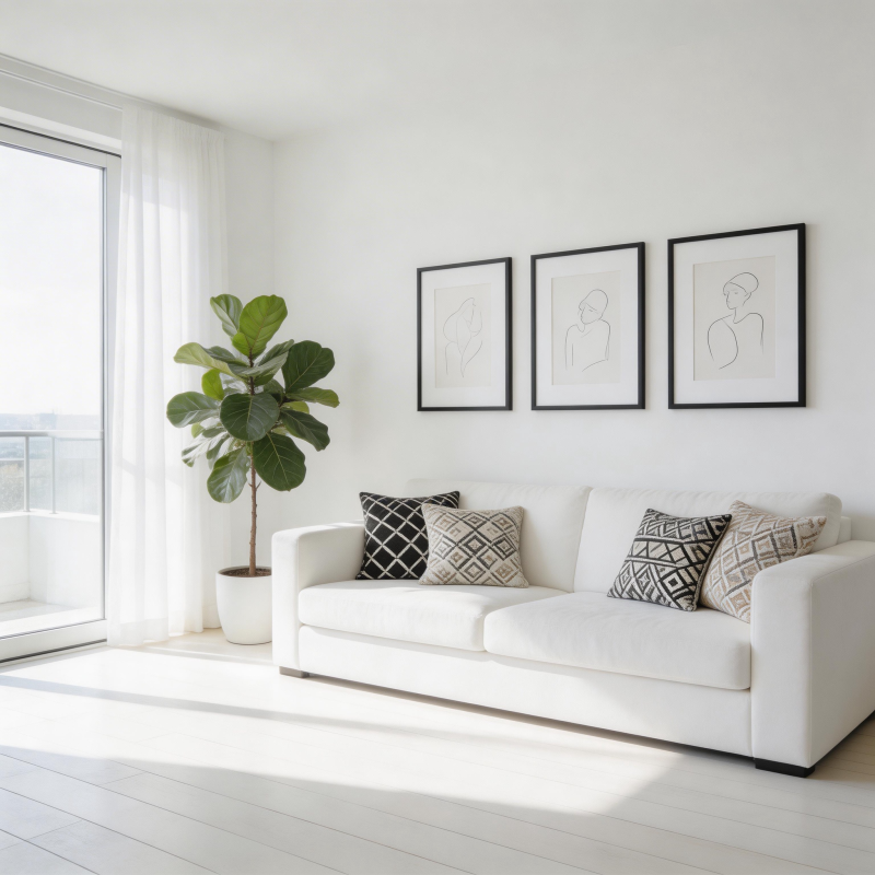 简约客厅 白沙发配绿植图片