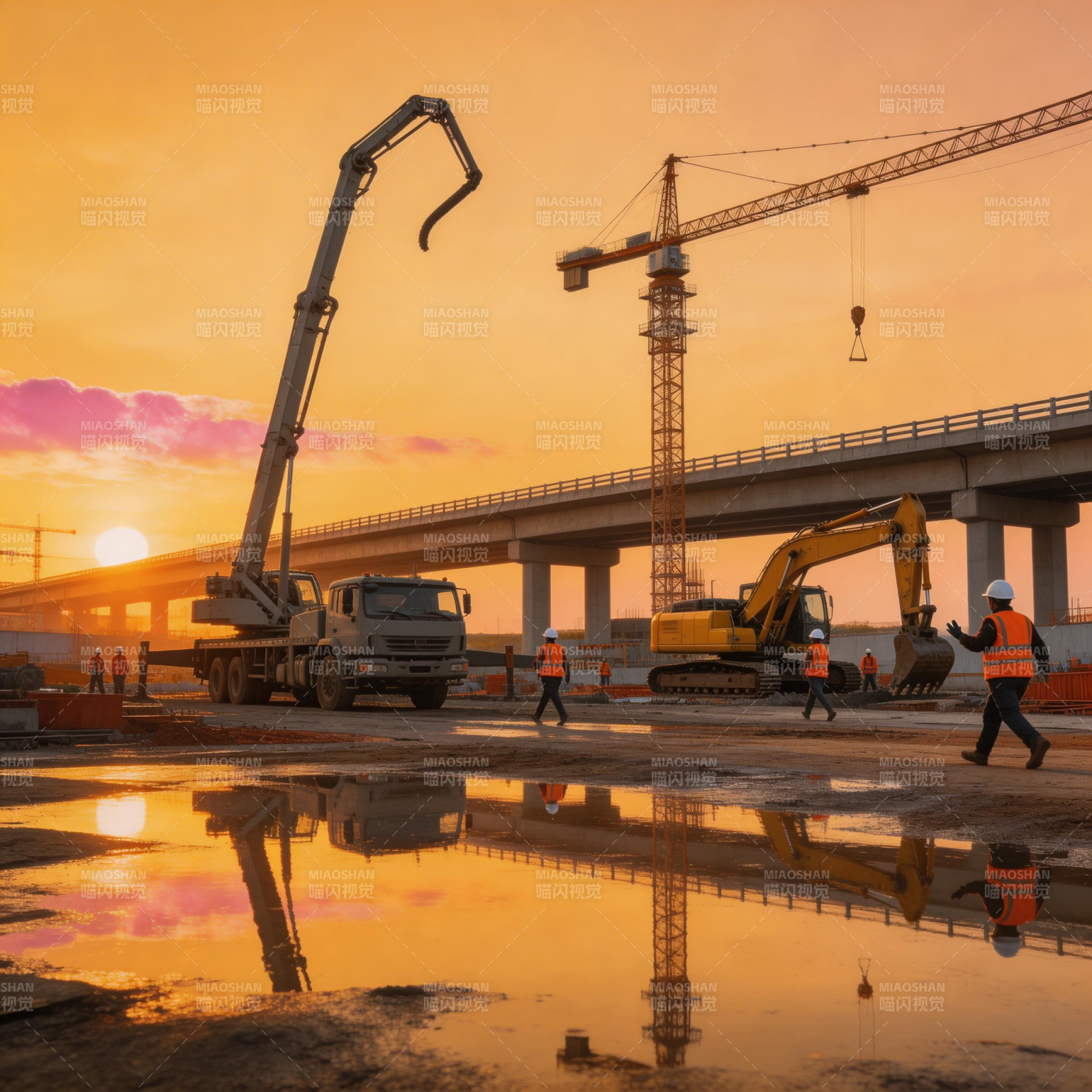 夕阳下的工地剪影图片