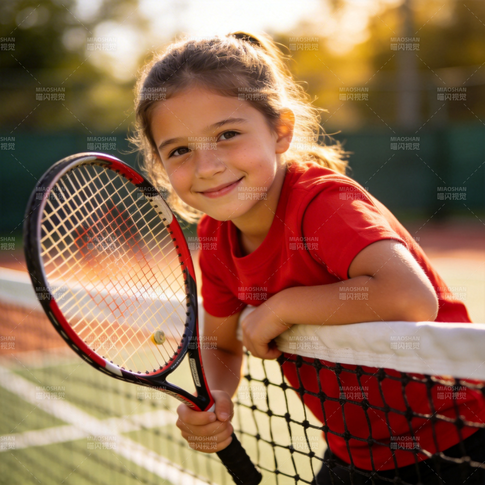 小女孩网球场微笑图片