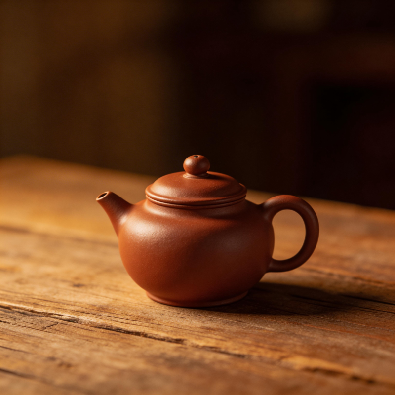 紫砂茶壶静置木桌图片