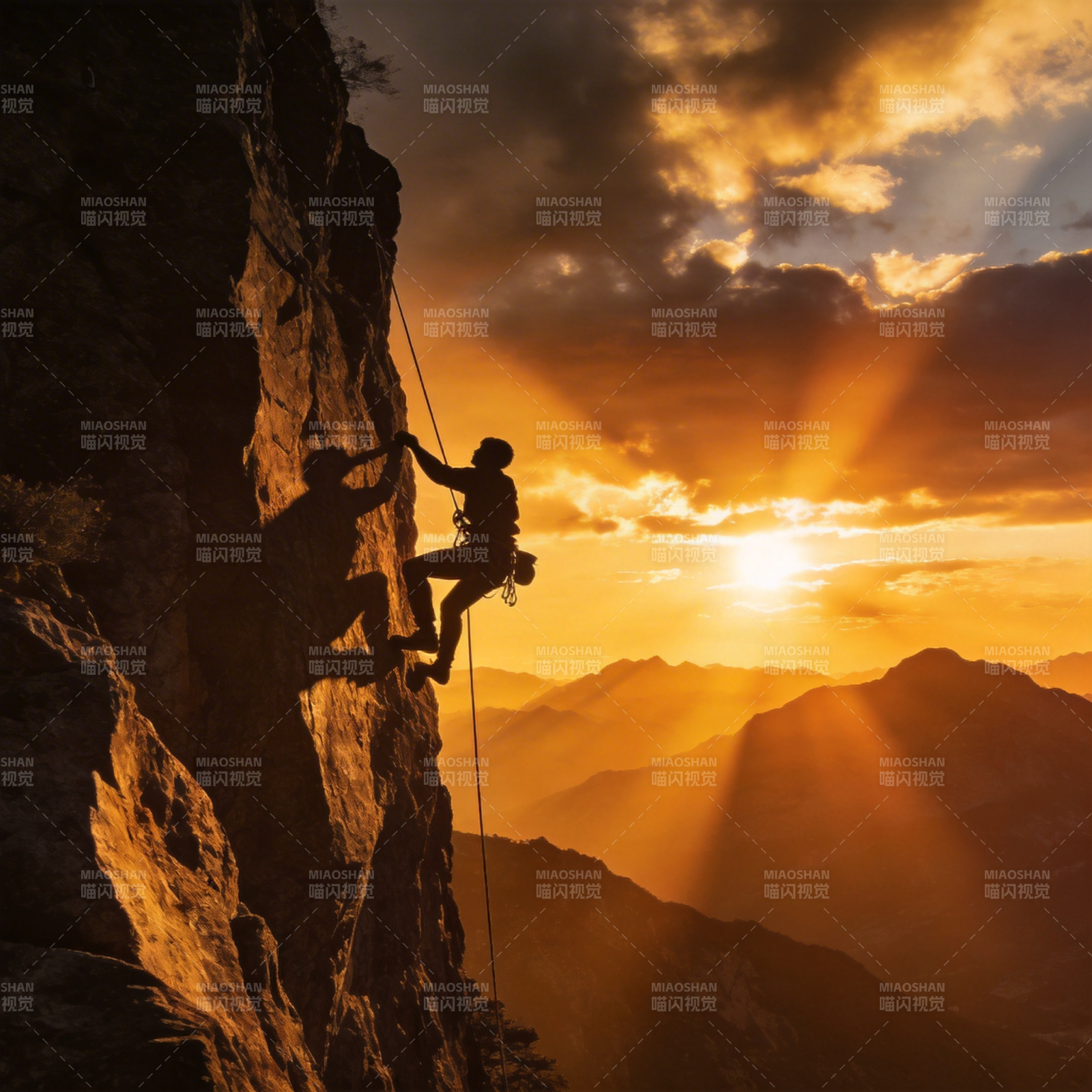 日落攀岩剪影图片