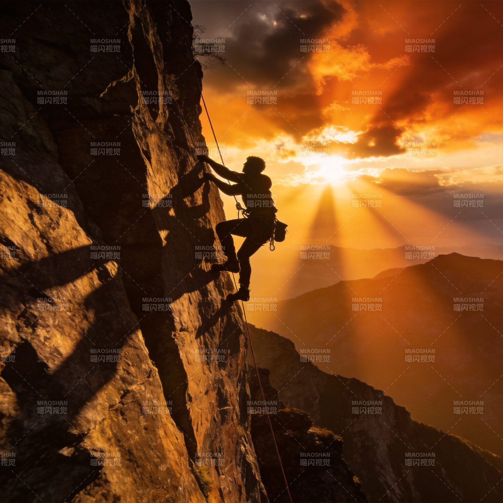 攀岩者迎着朝阳图片