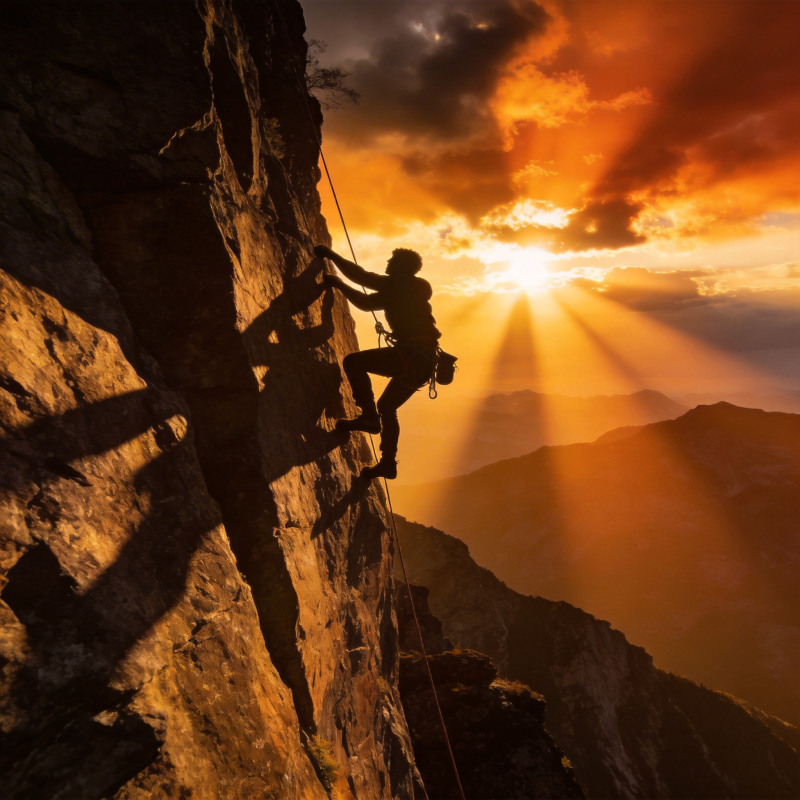 攀岩者迎着朝阳图片