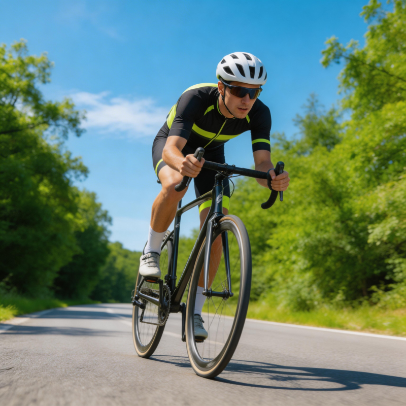 骑行者疾驰在林间道图片