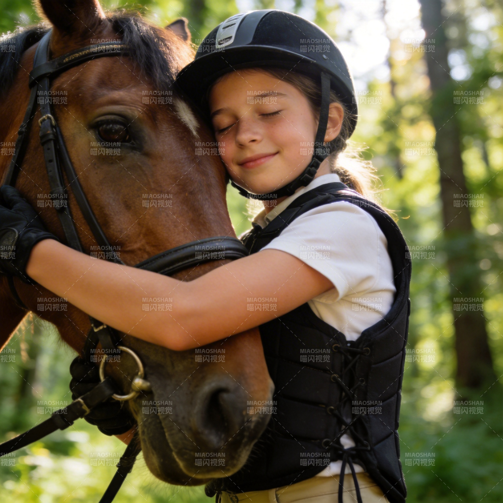 女孩与马亲密相拥图片