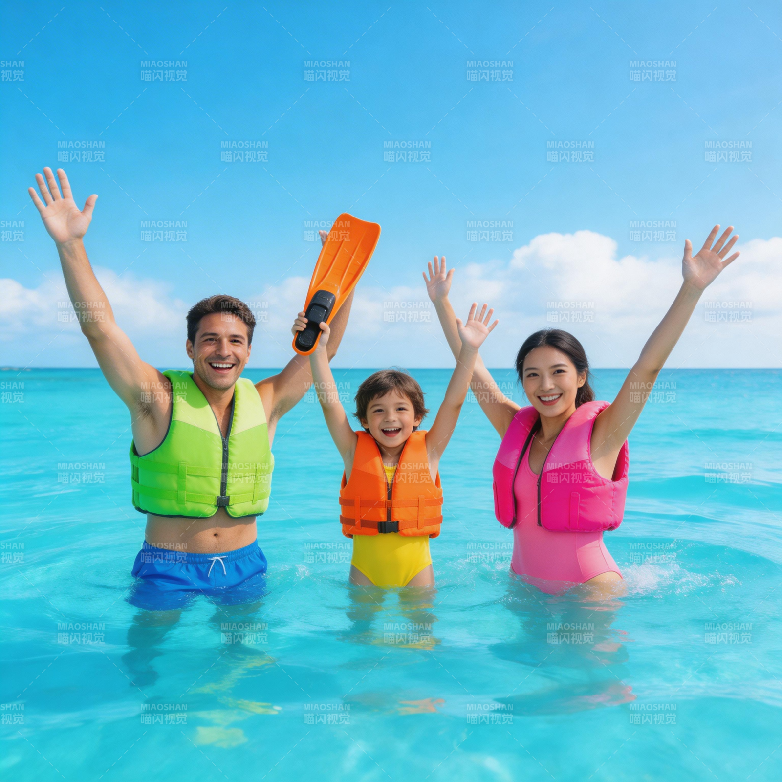 欢乐一家水中嬉戏图片