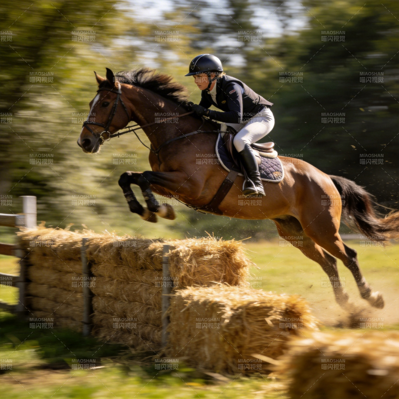 骏马飞跃草垛图片