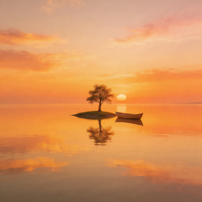 孤树映日 静水泛舟图片