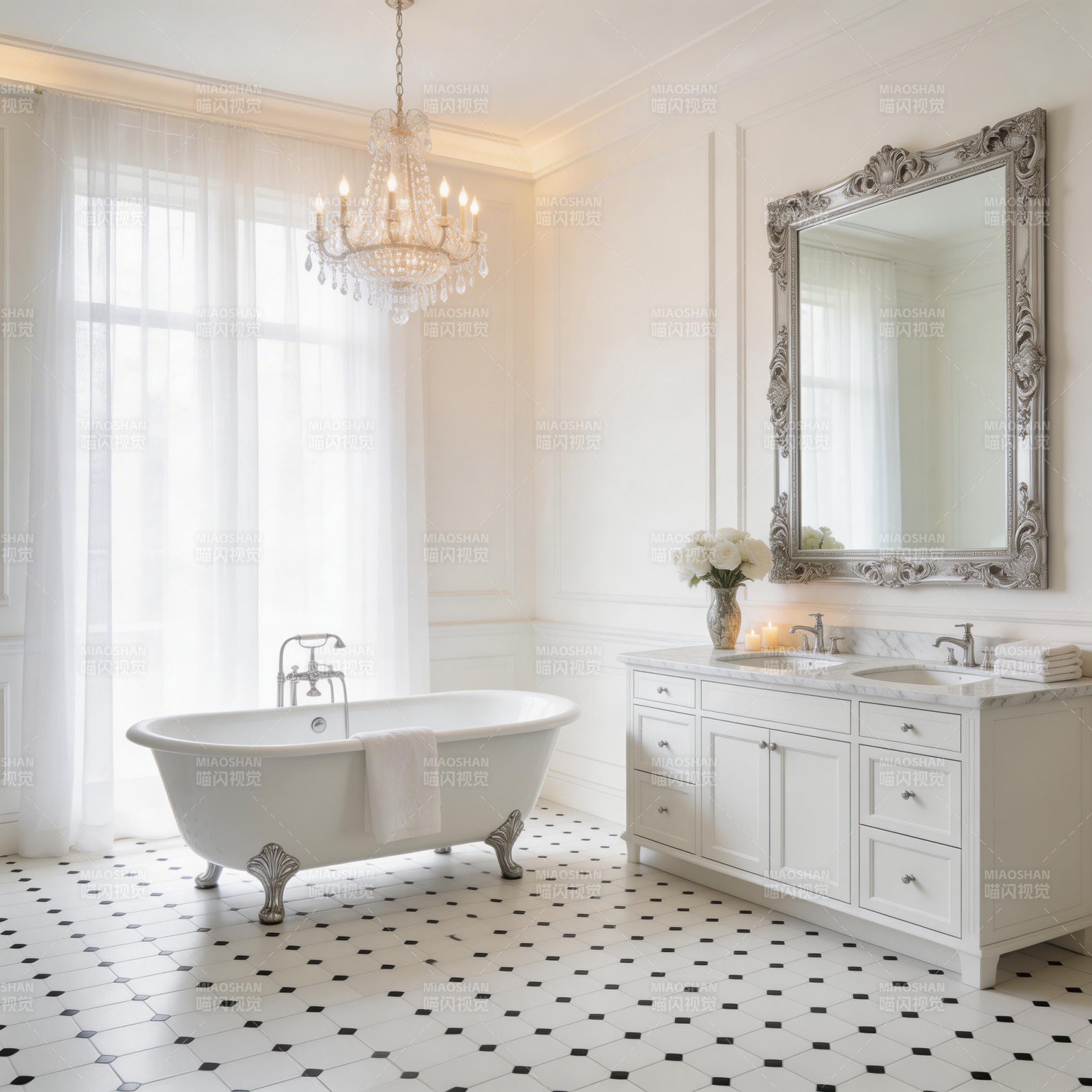 典雅浴室 黑白格地砖图片