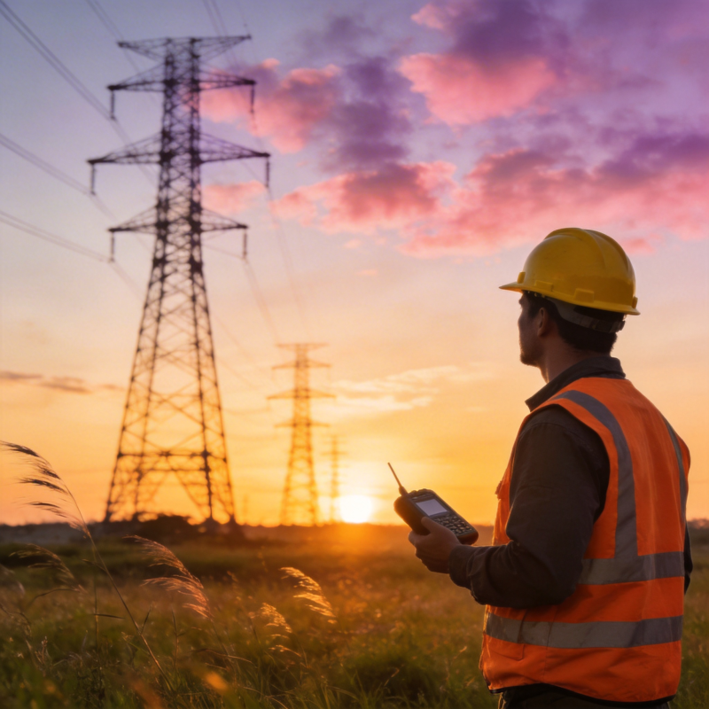 电力工人巡检日落图片