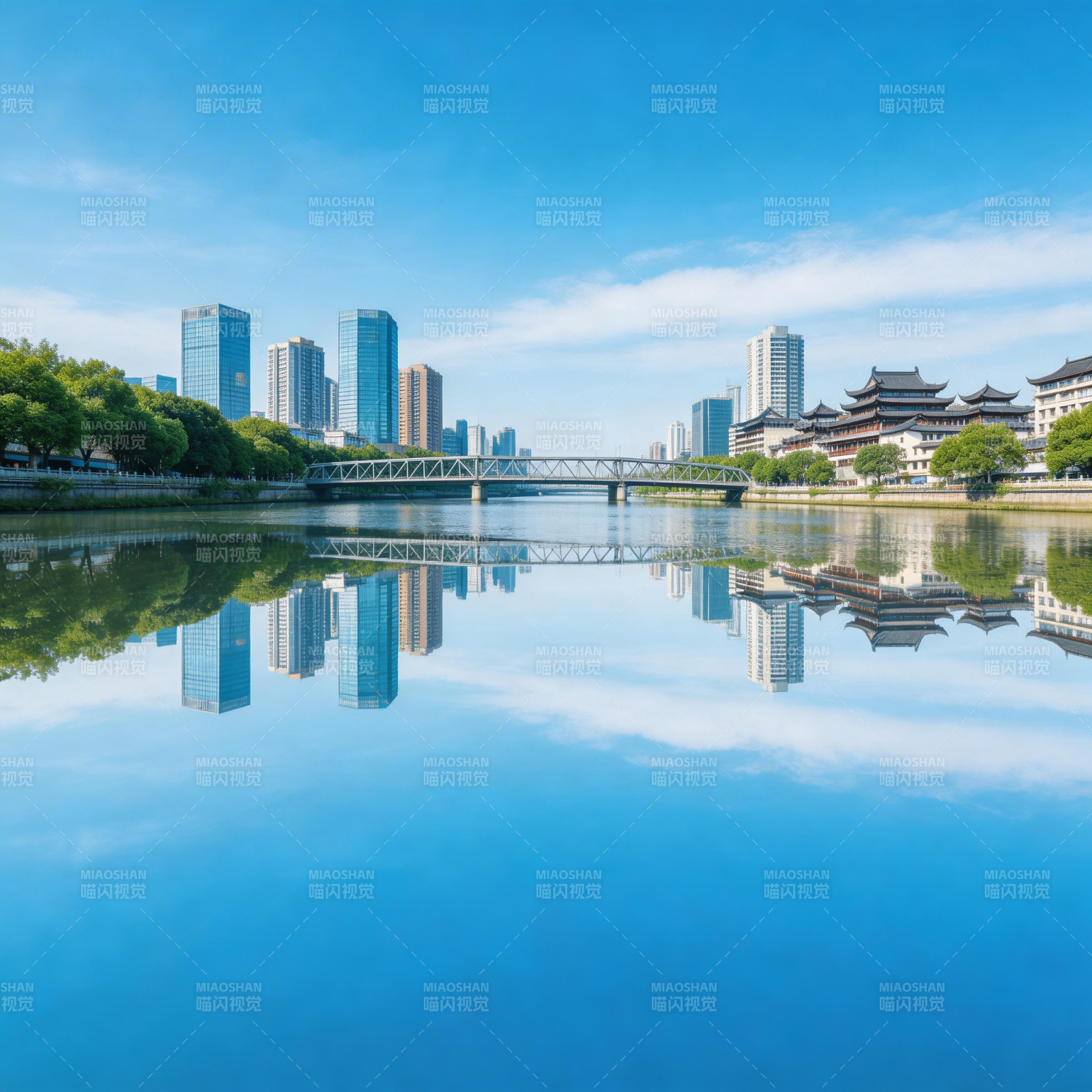 城市河景倒影图片