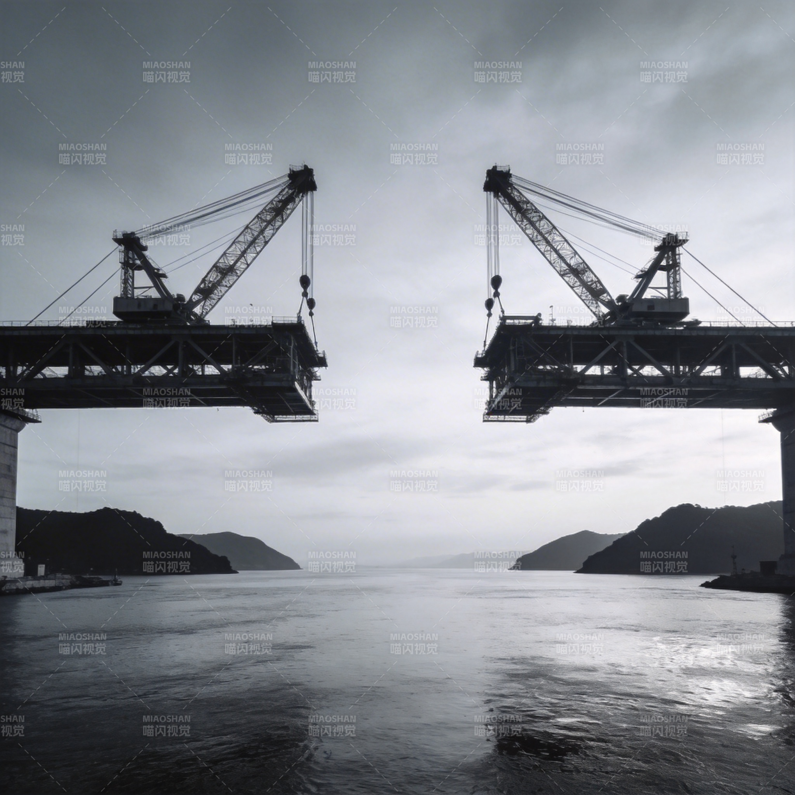 双塔吊桥映水天图片