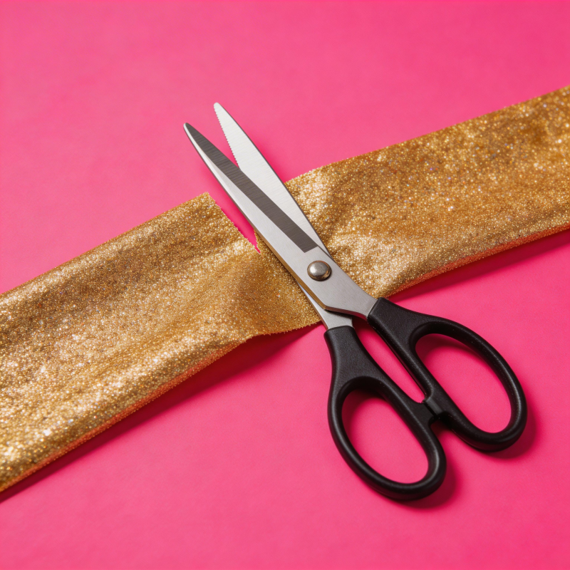 金色丝带剪刀剪裁图片