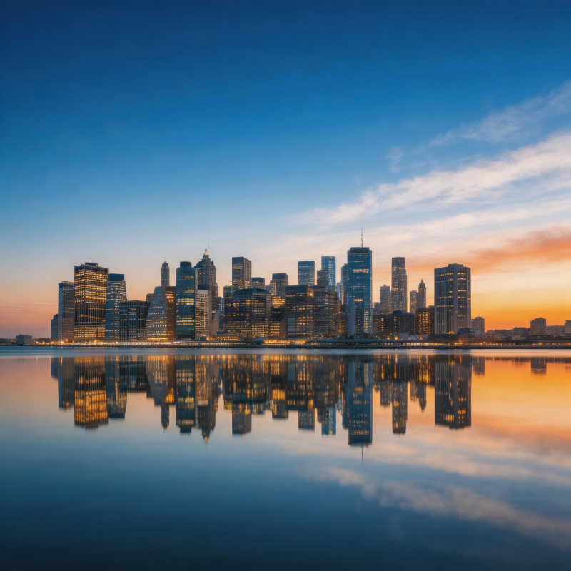 城市倒影暮色中图片