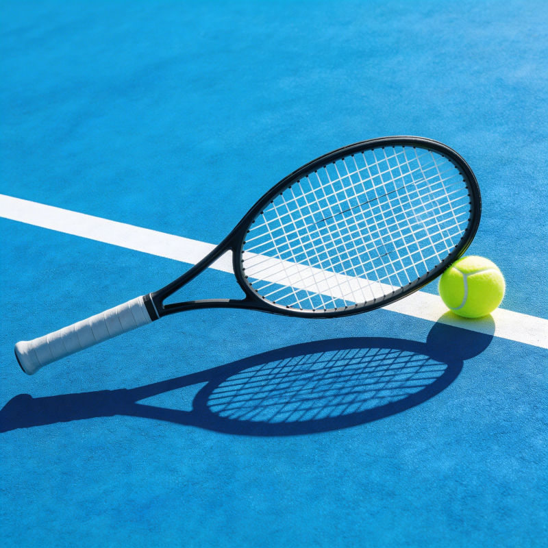 网球拍与球静置球场图片