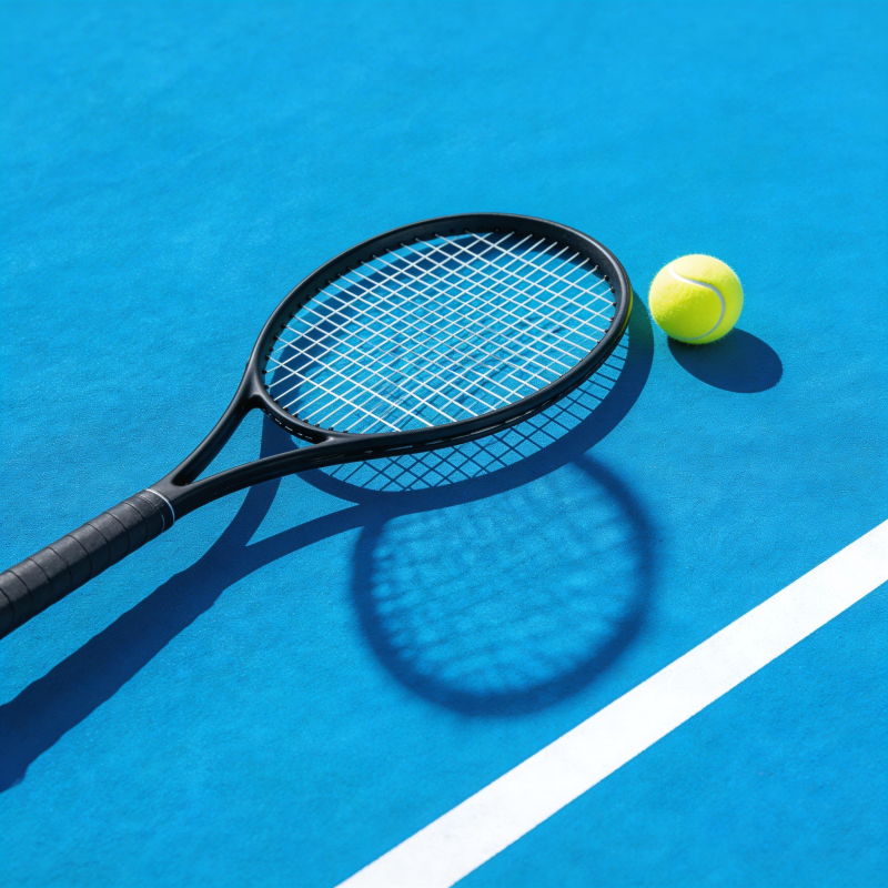 网球拍与球静置蓝场图片