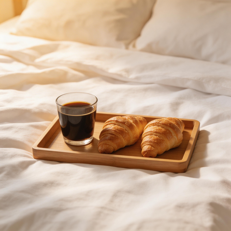 床边早餐 咖啡与羊角包图片