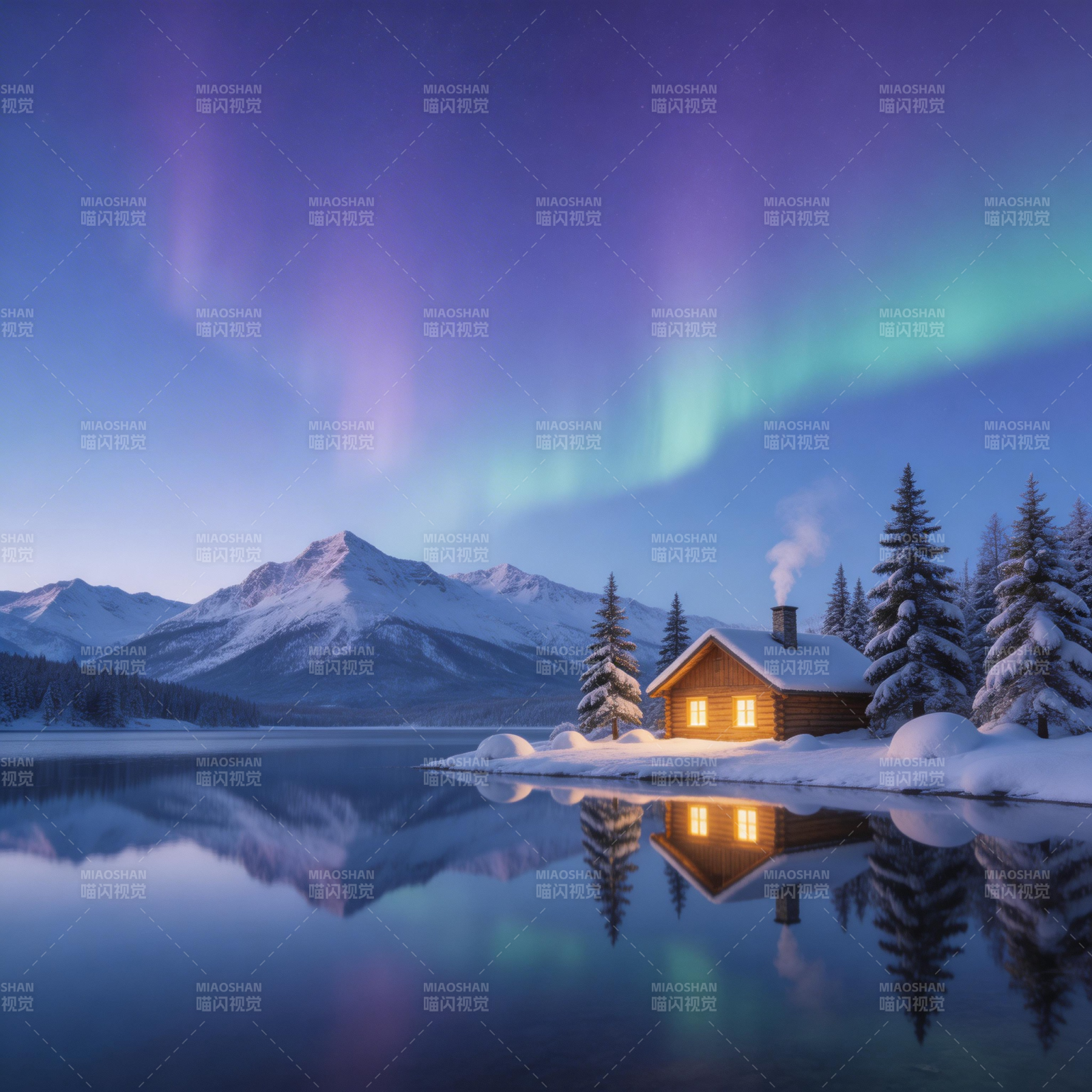 极光下的静谧小屋图片