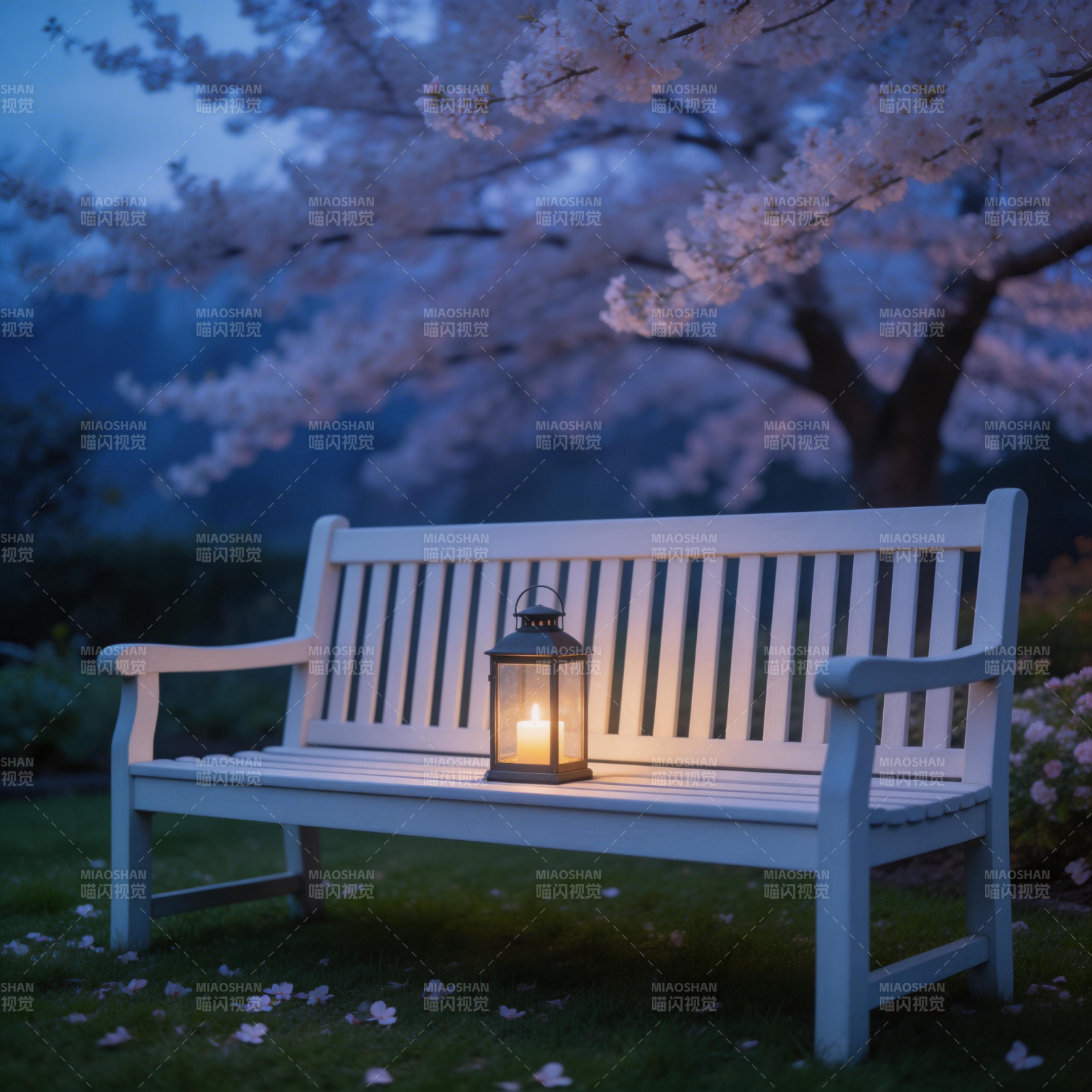 樱花树下灯影长椅图片