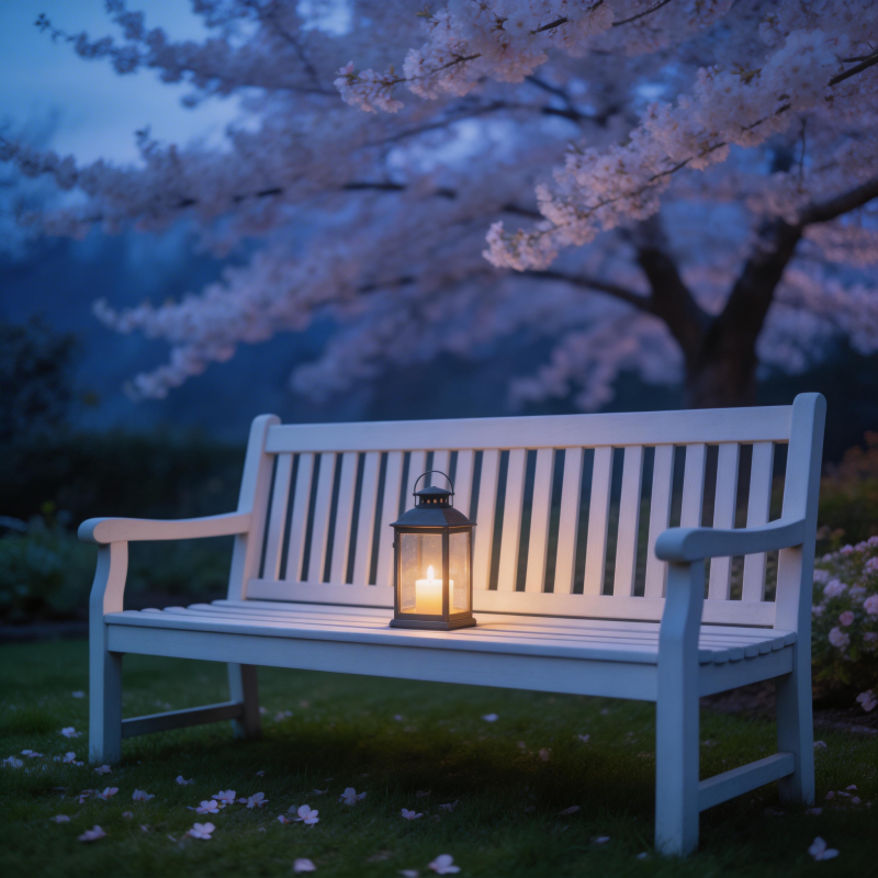 樱花树下灯影长椅图片