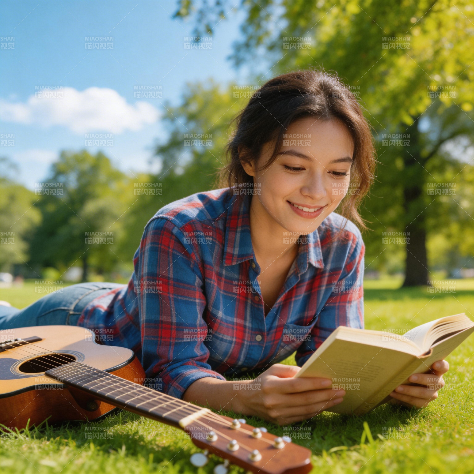 草地阅读吉他相伴图片