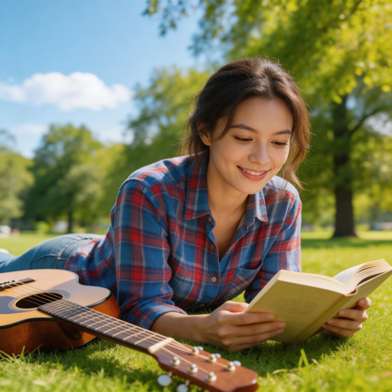草地阅读吉他相伴图片