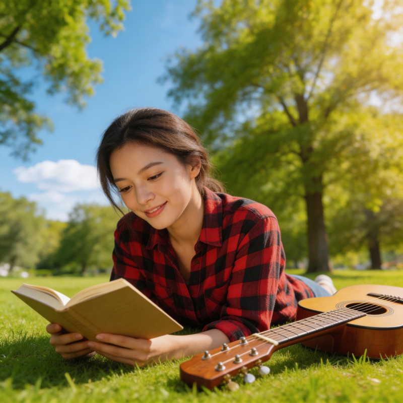 草地读书吉他相伴图片