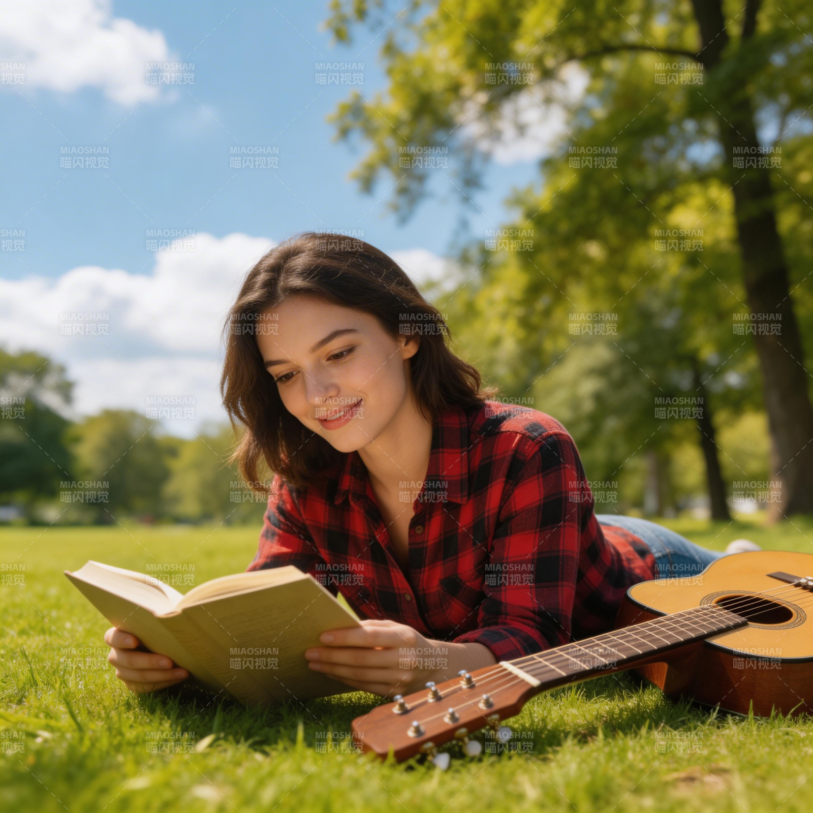 公园读书弹吉他图片