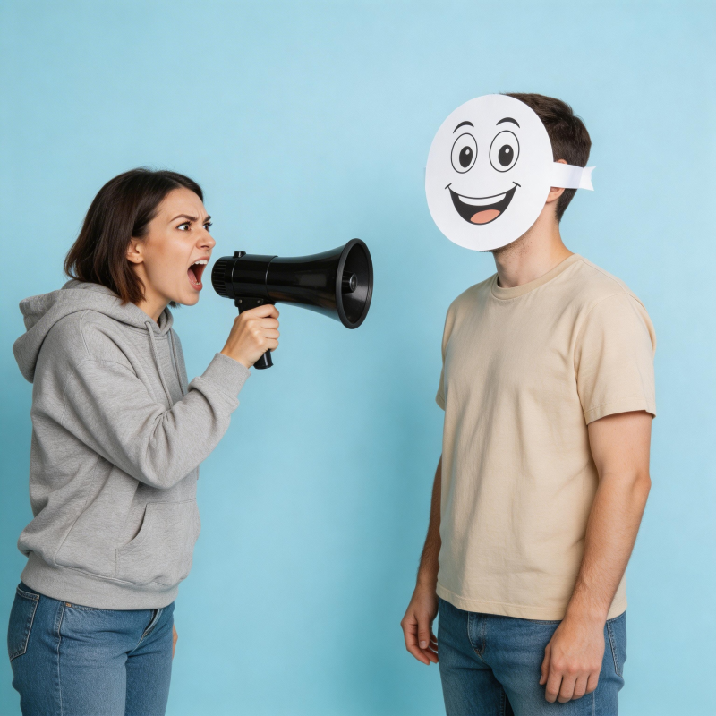 大声喊话的女子与笑脸男子图片