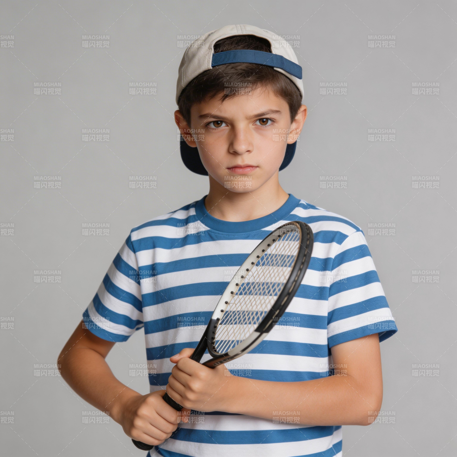 少年持拍 专注凝视图片