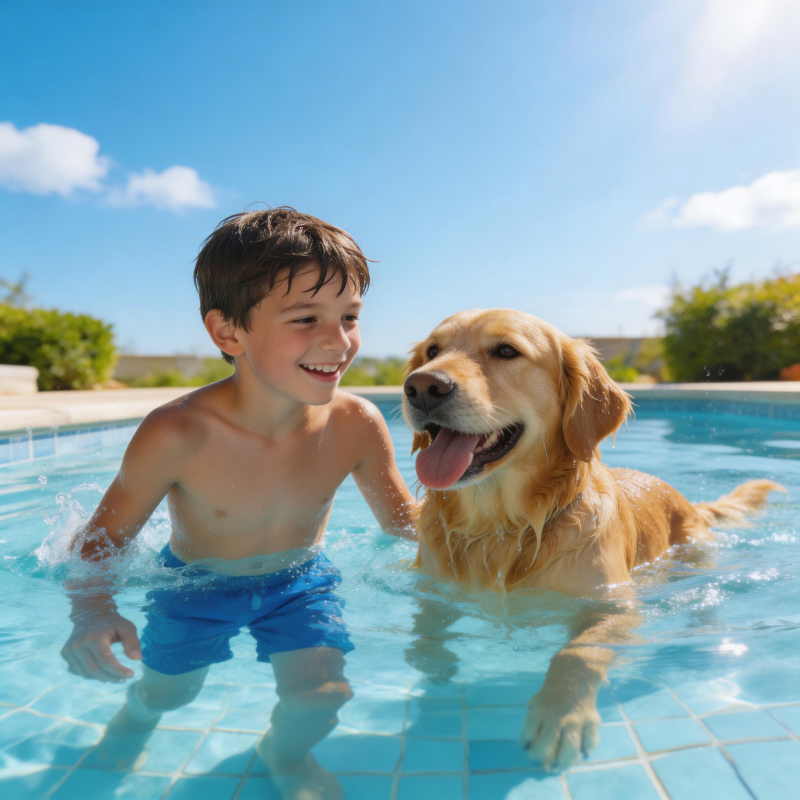 男孩与金毛泳池嬉戏图片