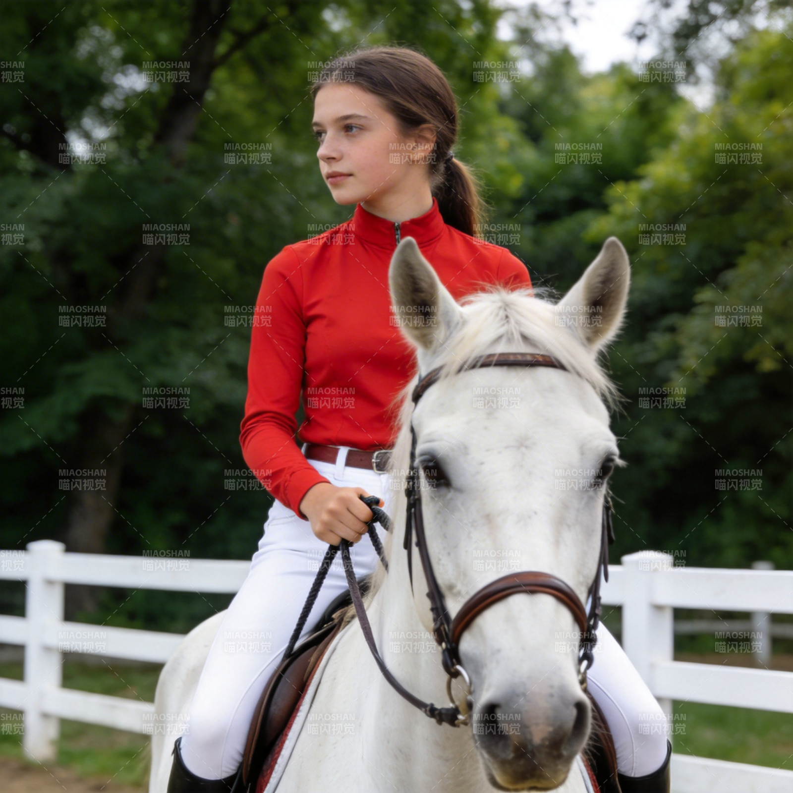 红衣少女骑白马图片