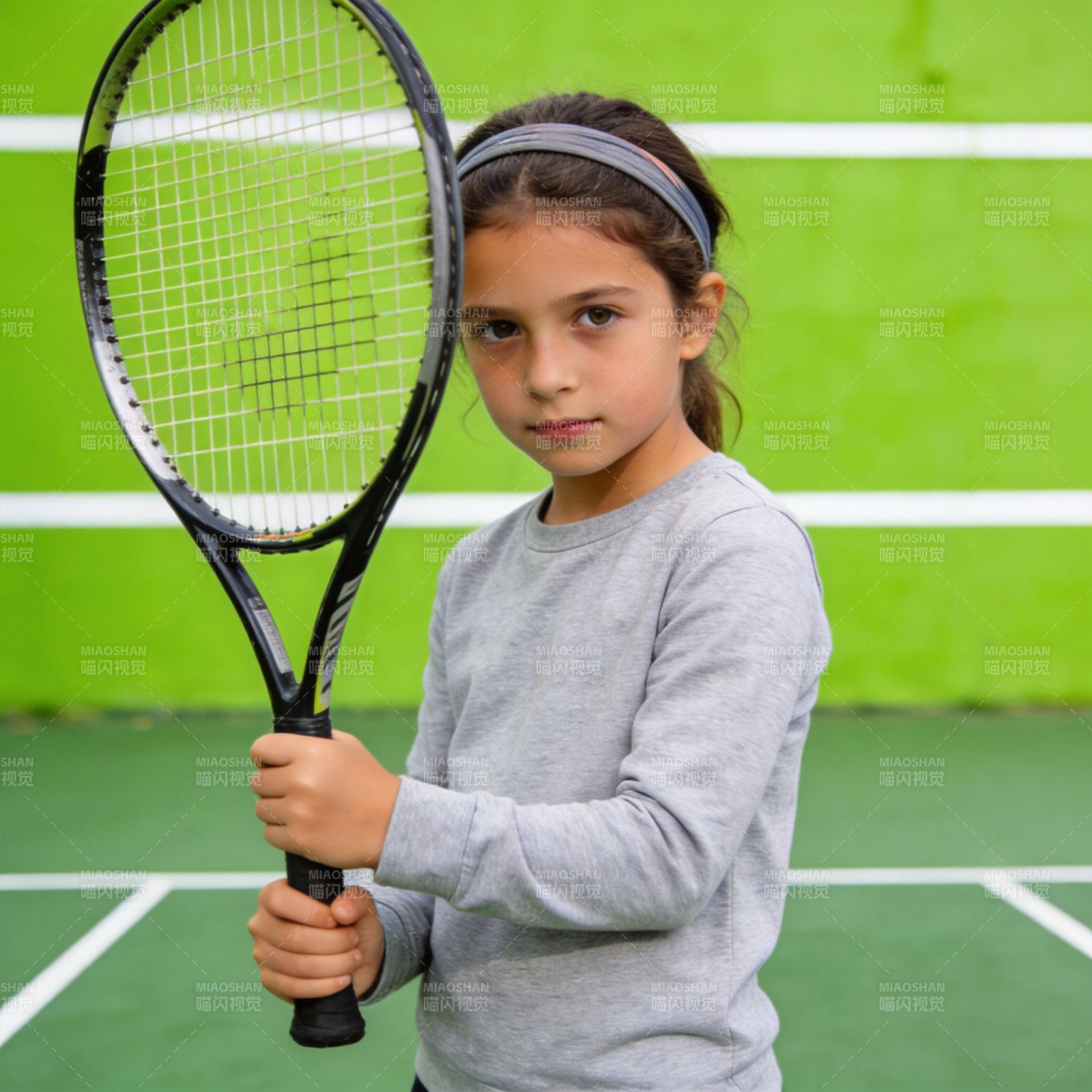小女孩持网球拍图片