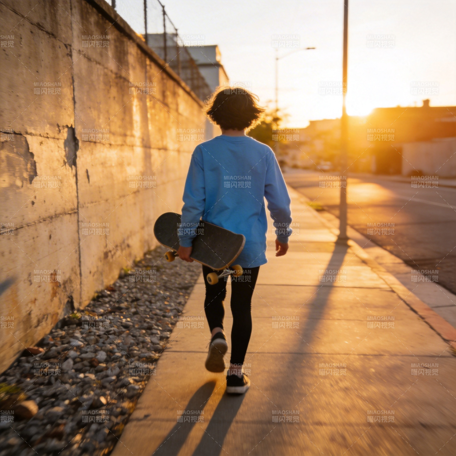 夕阳下的滑板少年图片