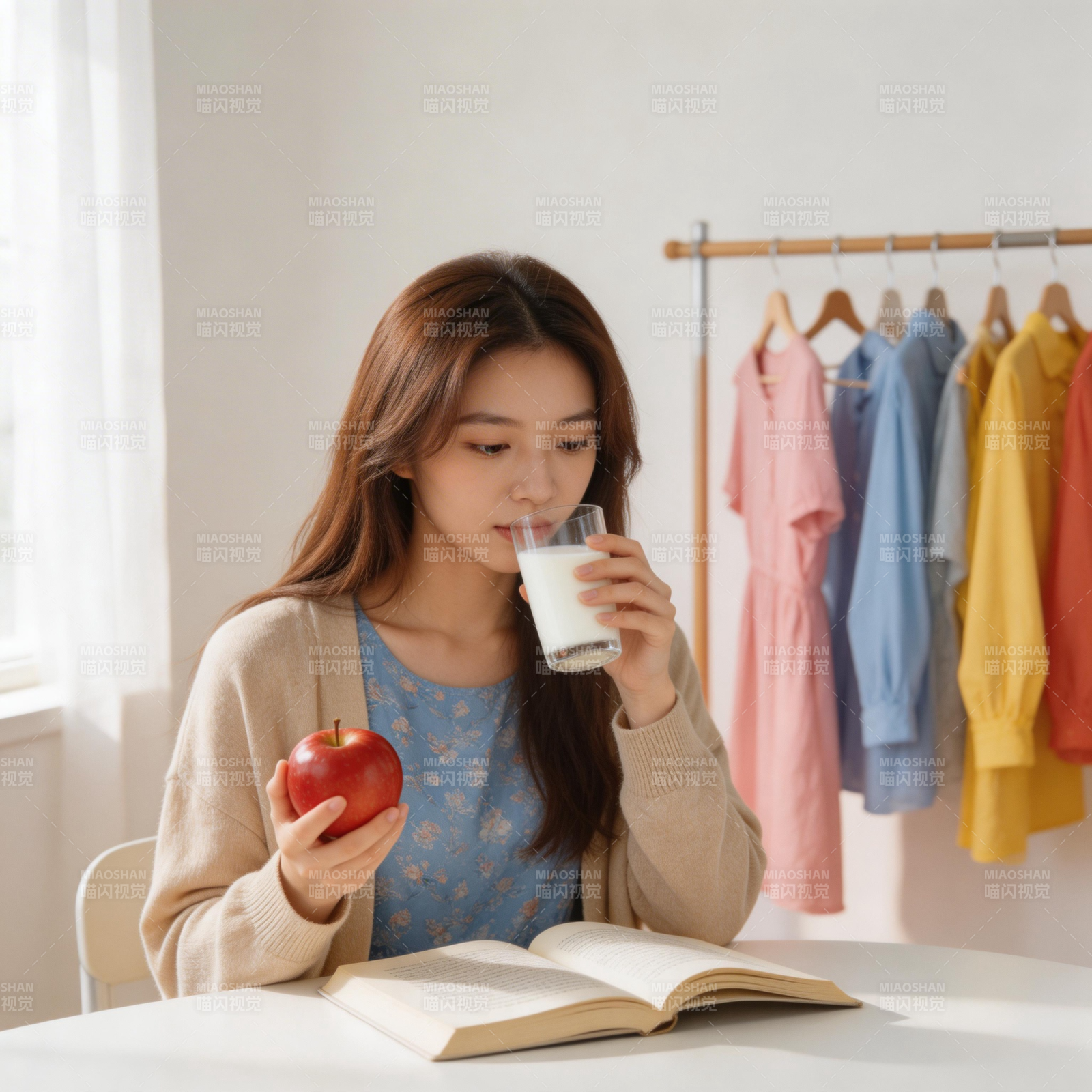 少女读书饮奶图片