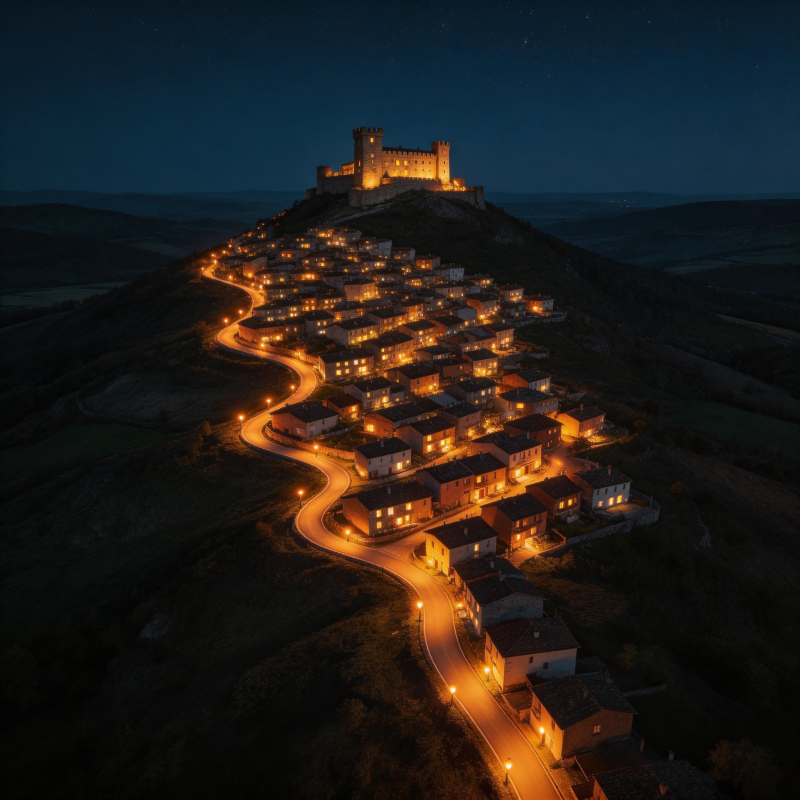 夜幕下的山巅古堡图片
